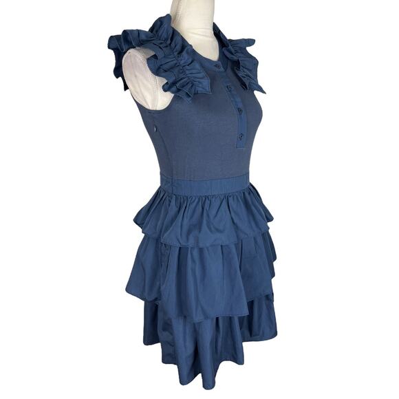 The Shirt Rochelle Behrens Blue Tiered Ruffle Dress Sleeveless Size Small - Picture 3 of 8